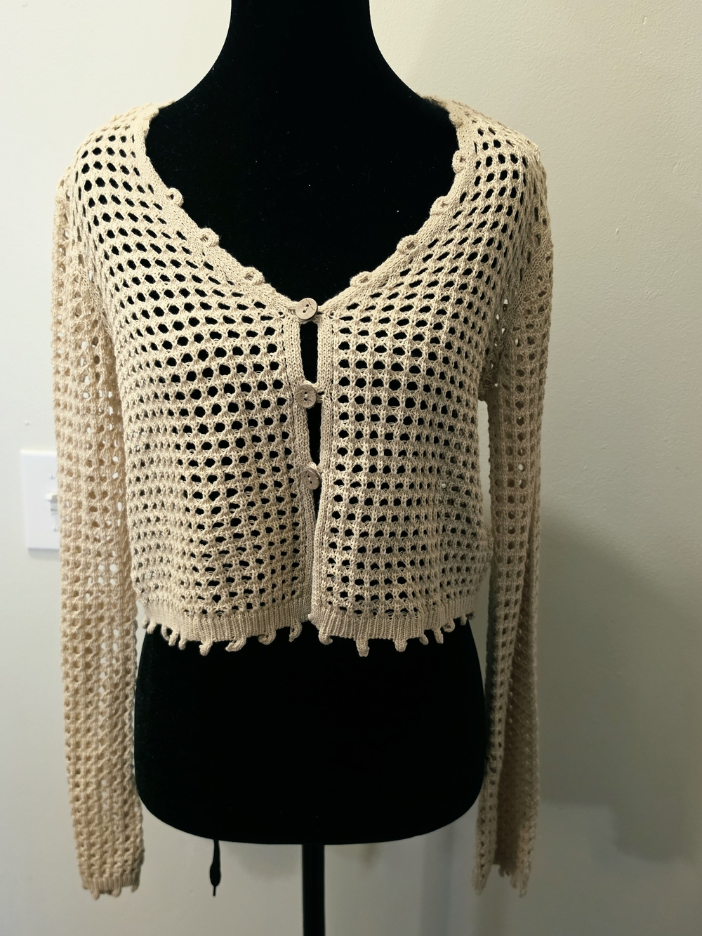 Beige Crochet Open-Weave Button Cardigan Boho Cover Up Layering M Tan Brown